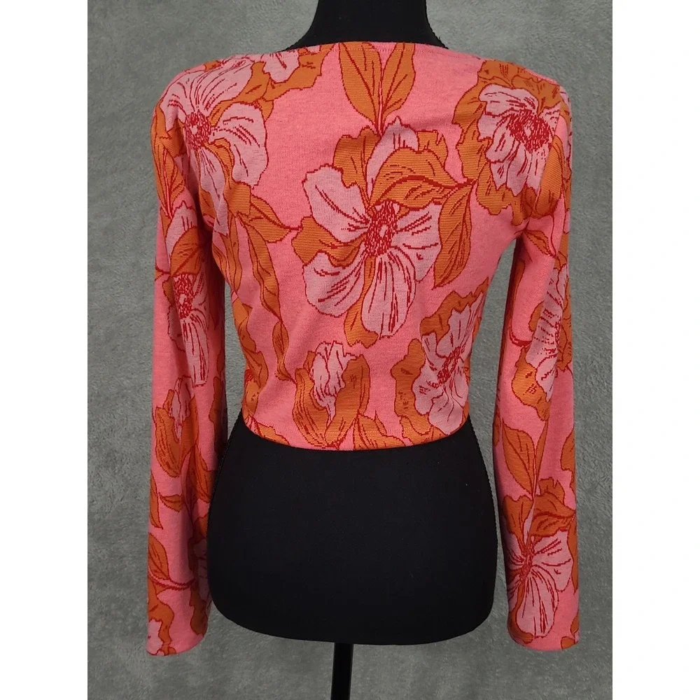 Zara Floral Sweetheart Jacquard Crop Top L‎ Long Sleeve Pink Orange Blogger Fav